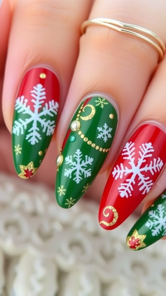 Elegant Christmas Almond Nails Elegant Christmas almond nails with red, green, and gold designs featuring snowflakes and glitter.